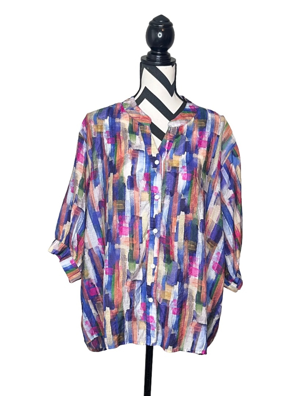 Caroline Morgan Colorful Artsy Abstract Sz 14 Puff Sleeve Button Front Blouse